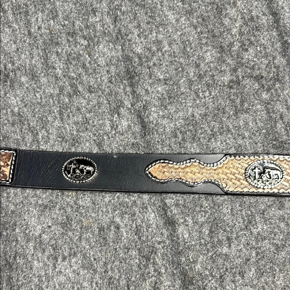 Black and Tan Woven Leather Belt with Silver Buckle
